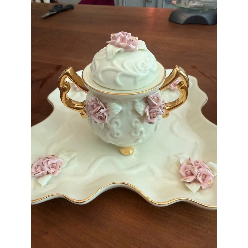 Vintage Porcelain Tea Set Pink 3D Roses Gold Trim Teapot Creamer Sugar Tray